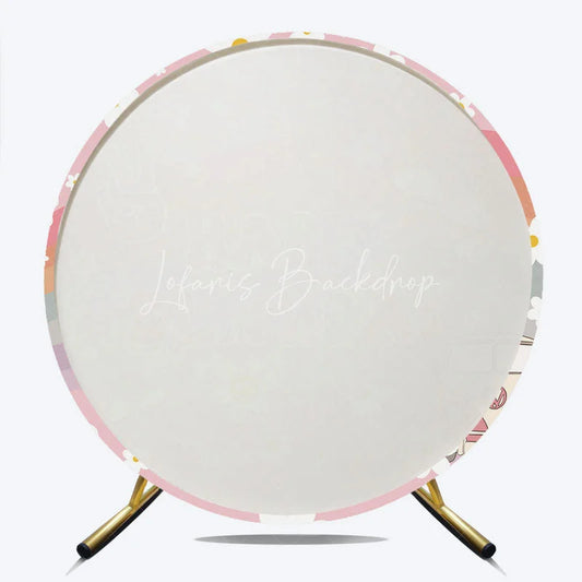 Lofaris Retro Groovy Flower Happy Birthday Round Backdrop Pink Rainbow and Van Party Decor