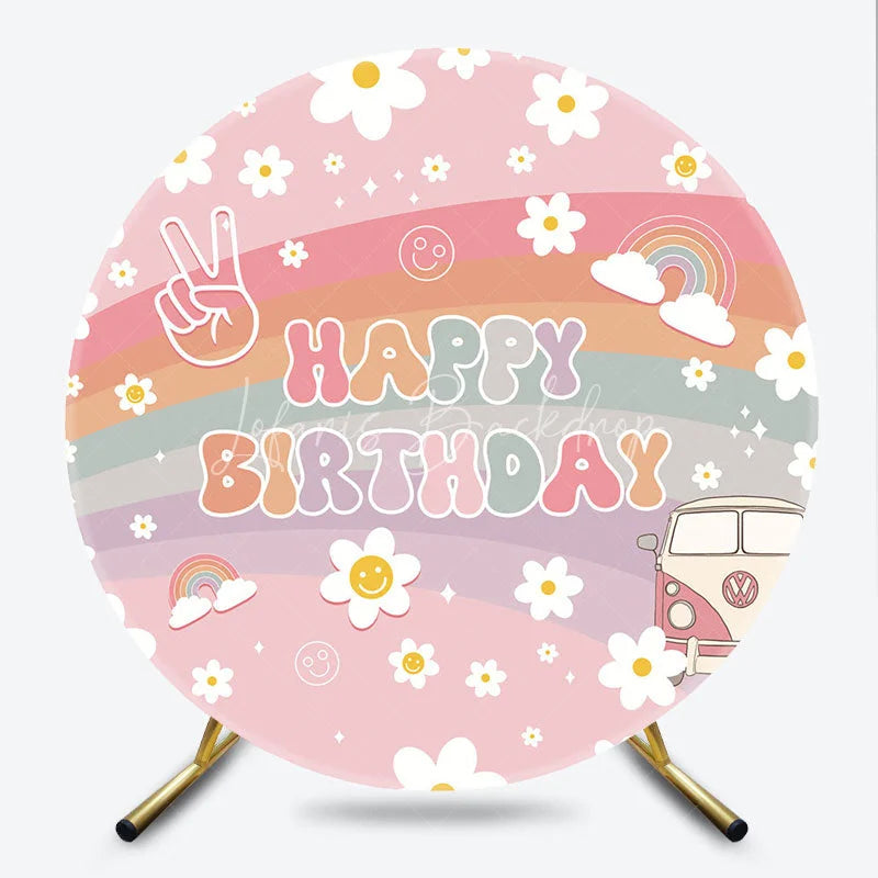 Lofaris Retro Groovy Flower Happy Birthday Round Backdrop Pink Rainbow and Van Party Decor