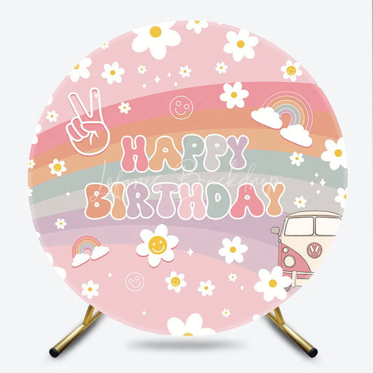 Lofaris Retro Groovy Flower Happy Birthday Round Backdrop Pink Rainbow and Van Party Decor