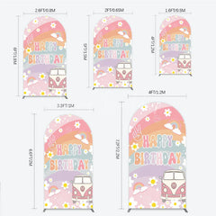 Lofaris Retro Groovy Happy Birthday Arch Backdrop Pastel Rainbow with Daisies Peace Sign and Vintage Camper Van