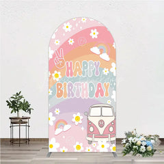Lofaris Retro Groovy Happy Birthday Arch Backdrop Pastel Rainbow with Daisies Peace Sign and Vintage Camper Van