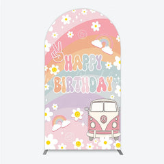 Lofaris Retro Groovy Happy Birthday Arch Backdrop Pastel Rainbow with Daisies Peace Sign and Vintage Camper Van