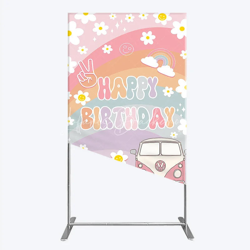 Lofaris Retro Groovy Happy Birthday Rectangle Backdrop Pastel Rainbow with Daisies Peace Sign and Vintage Camper Van