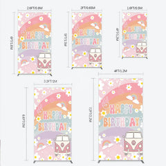 Lofaris Retro Groovy Happy Birthday Rectangle Backdrop Pastel Rainbow with Daisies Peace Sign and Vintage Camper Van