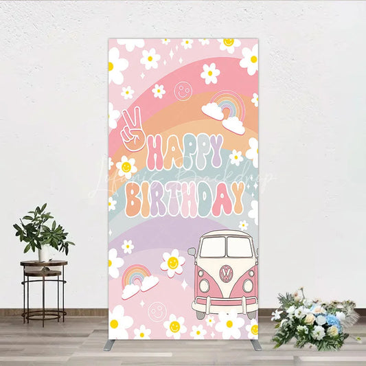 Lofaris Retro Groovy Happy Birthday Rectangle Backdrop Pastel Rainbow with Daisies Peace Sign and Vintage Camper Van