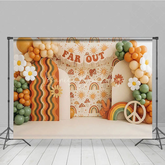 Lofaris Retro Groovy One Birthday Backdrop Boho Far Out Rainbow and Daisy Flowers Cake Smash Photography Background