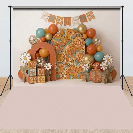 Lofaris Retro Groovy Peace Sign and Daisy Combo Set Backdrop Orange Teal Gold Balloons Birthday Party Decor