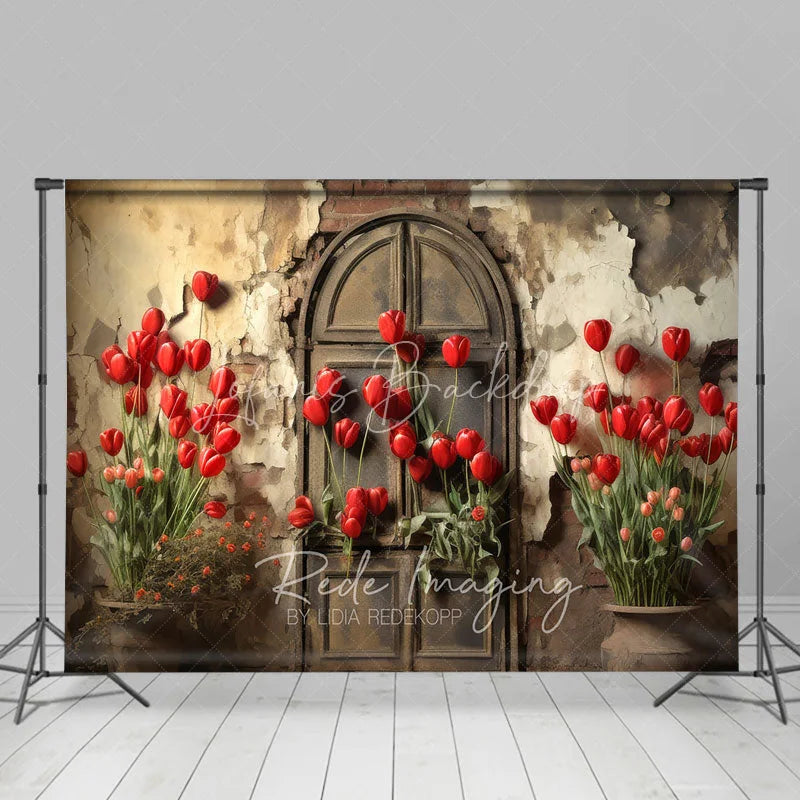 Lofaris Retro Grunge Wall Backdrop Bright Red Tulips and Distressed Door Photography Background for Spring Portrait Props