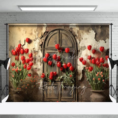 Lofaris Retro Grunge Wall Backdrop Bright Red Tulips and Distressed Door Photography Background for Spring Portrait Props