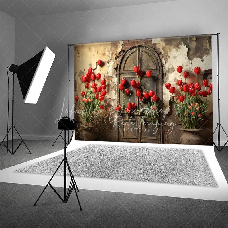 Lofaris Retro Grunge Wall Backdrop Bright Red Tulips and Distressed Door Photography Background for Spring Portrait Props