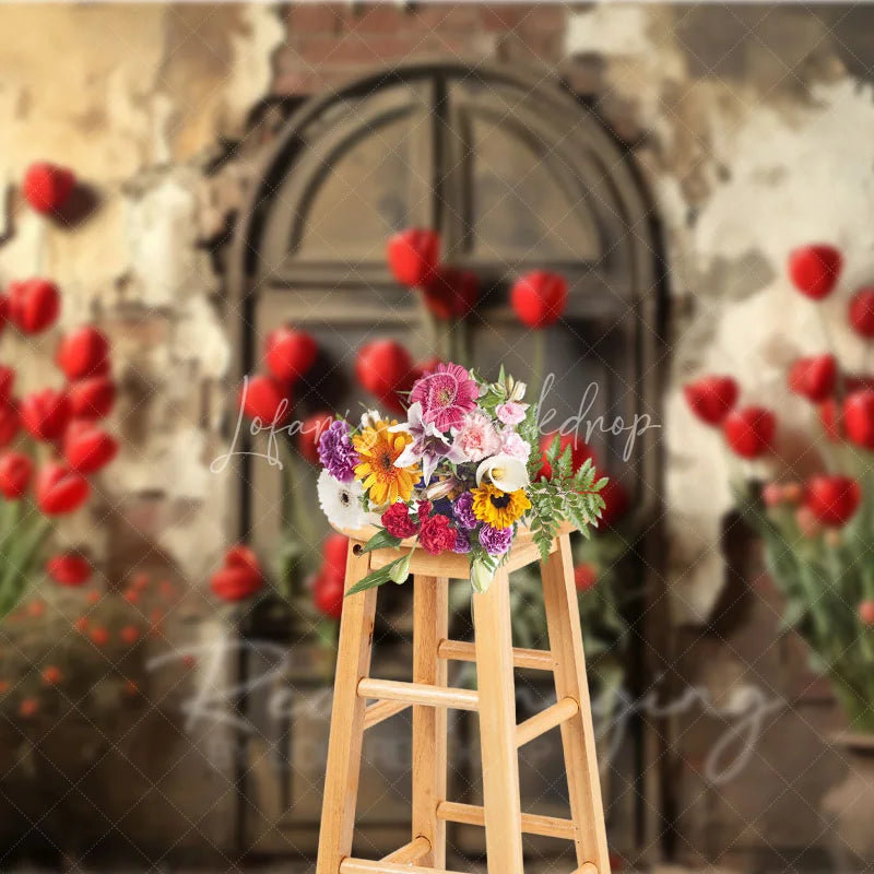 Lofaris Retro Grunge Wall Backdrop Bright Red Tulips and Distressed Door Photography Background for Spring Portrait Props