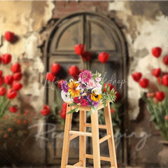Lofaris Retro Grunge Wall Backdrop Bright Red Tulips and Distressed Door Photography Background for Spring Portrait Props