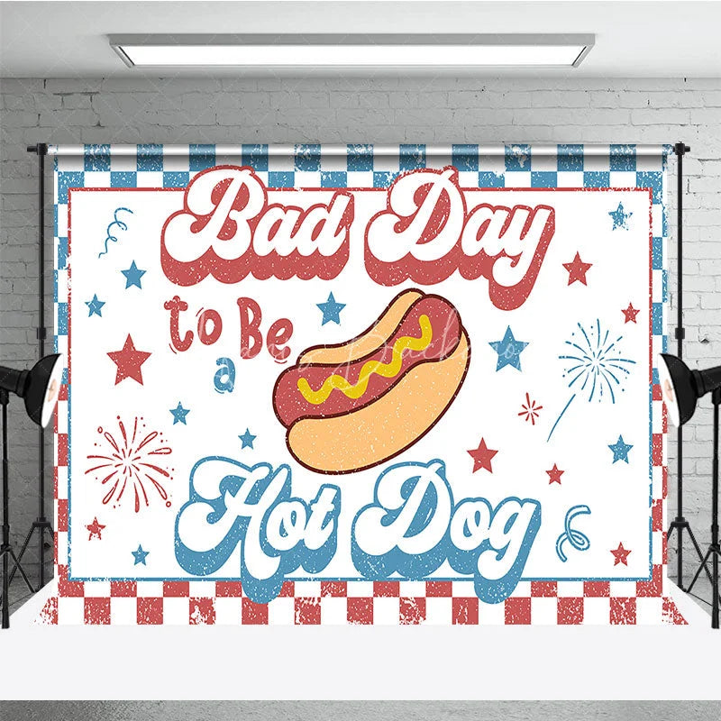 Lofaris Retro Hot Dog Bad Day to Be a Holiday Backdrop Patriotic Stars and Fireworks Summer Party Decor
