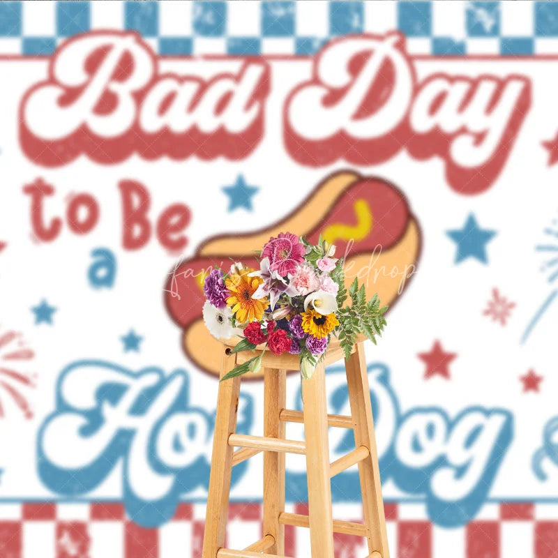 Lofaris Retro Hot Dog Bad Day to Be a Holiday Backdrop Patriotic Stars and Fireworks Summer Party Decor