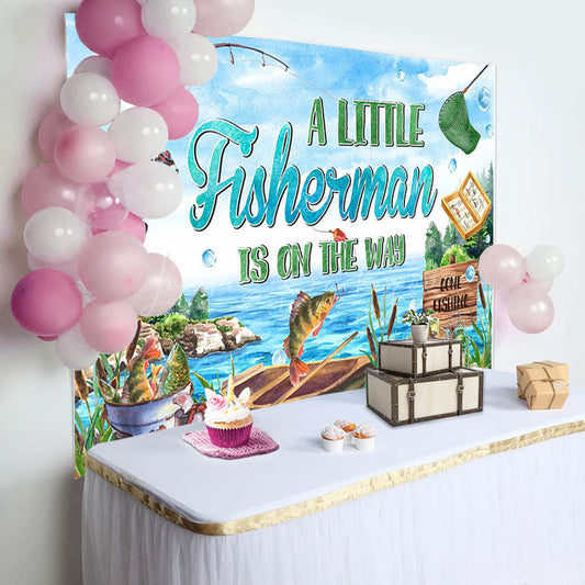 Lofaris Retro Lake Little Fisherman Baby Shower Backdrop