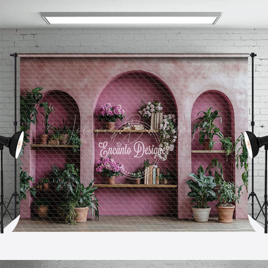 Lofaris Retro Pink Hollow Arch Book Plant Photo Backdrop