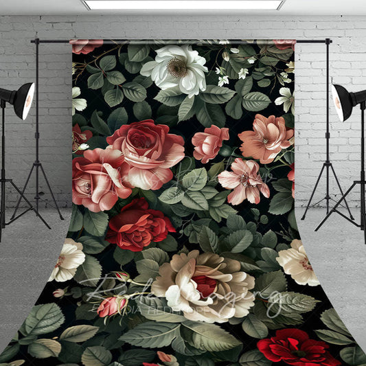 Lofaris Retro Plant Leaves Red Pink Floral Sweep Backdrop