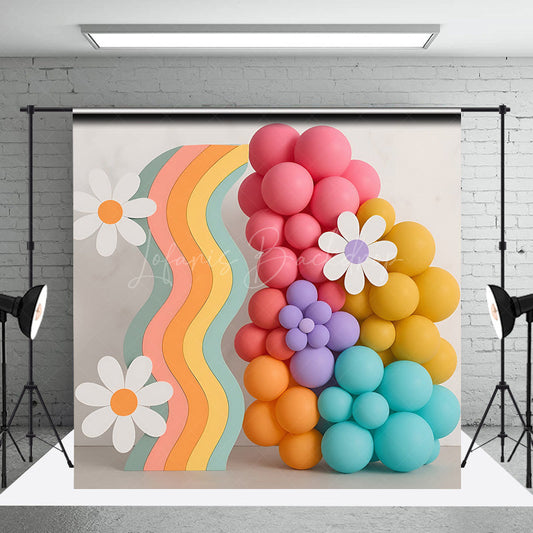Lofaris Retro Rainbow and Daisy Cake Smash Backdrop Wavy Panel with Balloons Flowers Groovy First Birthday Photo Prop