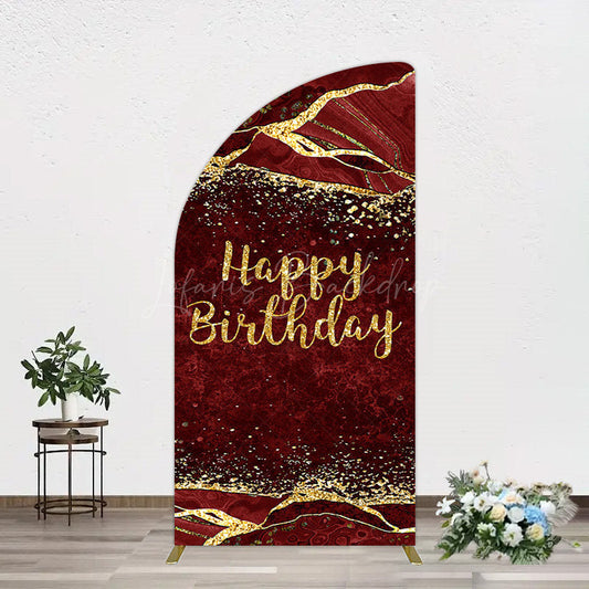 Lofaris Retro Red Gold Marbled Happy Birthday Half Moon Arch Backdrop