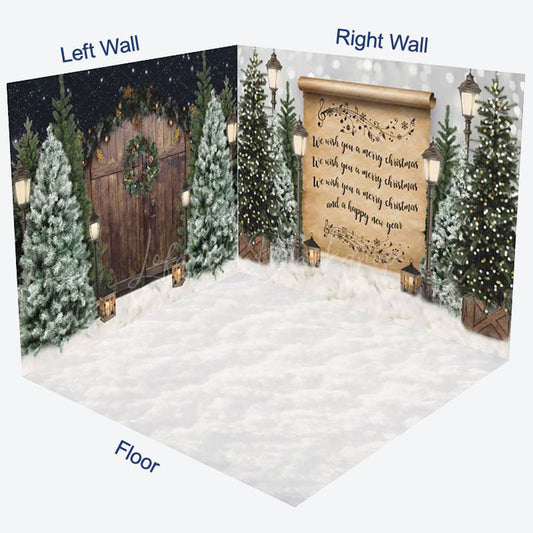 Lofaris Retro Song Wood Door Snow Christmas Room Set Backdrop