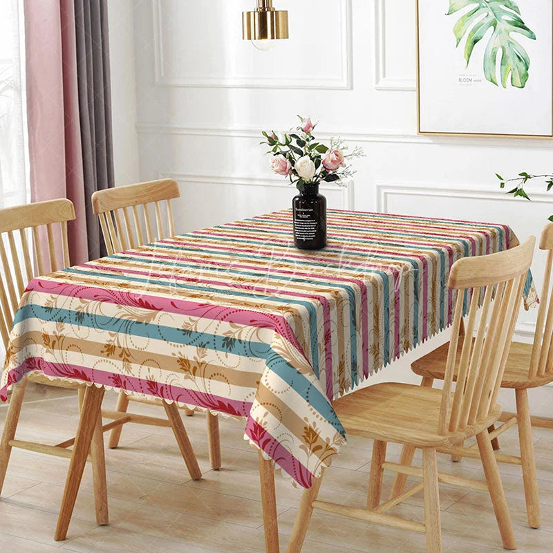 Lofaris Retro Striped Floral Rectangle Tablecloth Red Blue Damask Pattern for Holiday Dinner Party Kitchen Decor