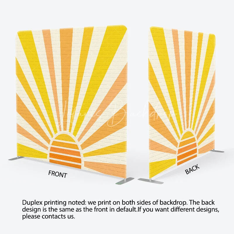 Lofaris Retro Sunburst Brick Wall Tension Fabric Backdrop Yellow Orange Rising Sun Background Sunshine Party Decoration