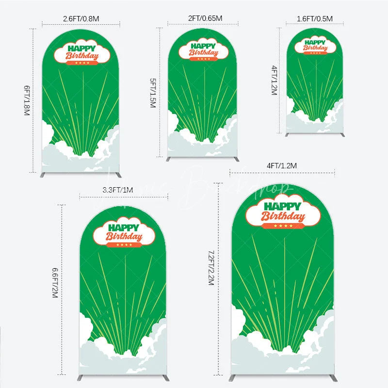 Lofaris Retro Sunburst Happy Birthday Arch Backdrop Green and White Cloud Party Cover