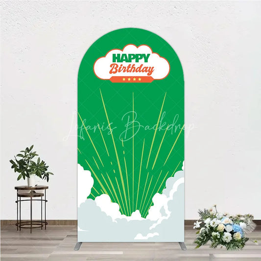 Lofaris Retro Sunburst Happy Birthday Arch Backdrop Green and White Cloud Party Cover