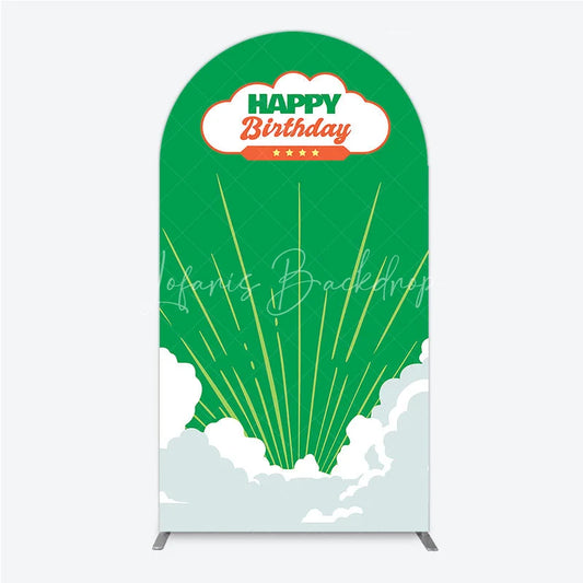 Lofaris Retro Sunburst Happy Birthday Arch Backdrop Green and White Cloud Party Cover