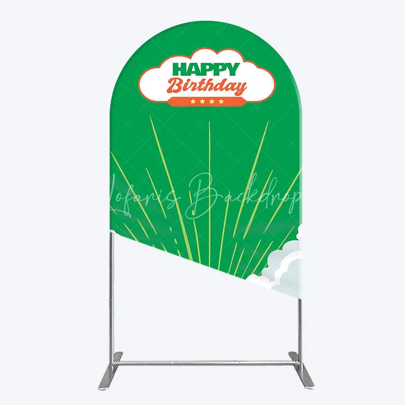 Lofaris Retro Sunburst Happy Birthday Arch Backdrop Green and White Cloud Party Cover