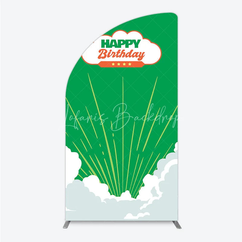 Lofaris Retro Sunburst Happy Birthday Half Moon Arch Backdrop Green and White Cloud Party Cover