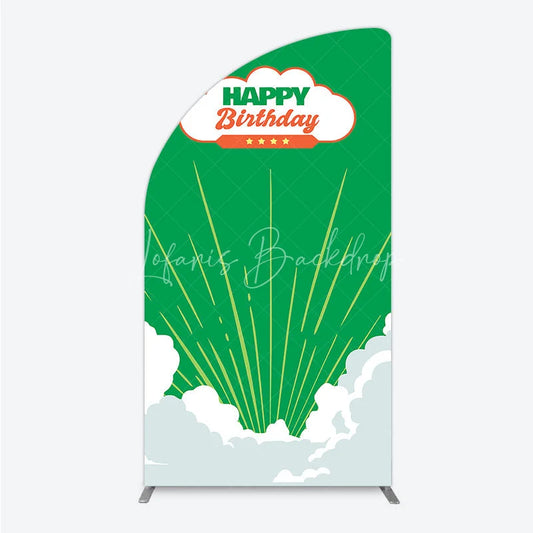 Lofaris Retro Sunburst Happy Birthday Half Moon Arch Backdrop Green and White Cloud Party Cover