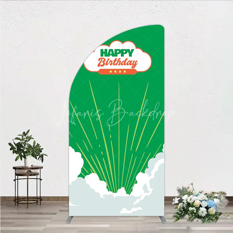 Lofaris Retro Sunburst Happy Birthday Half Moon Arch Backdrop Green and White Cloud Party Cover