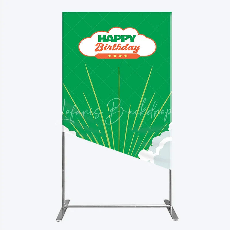 Lofaris Retro Sunburst Happy Birthday Rectangle Backdrop Green and White Cloud Party Cover