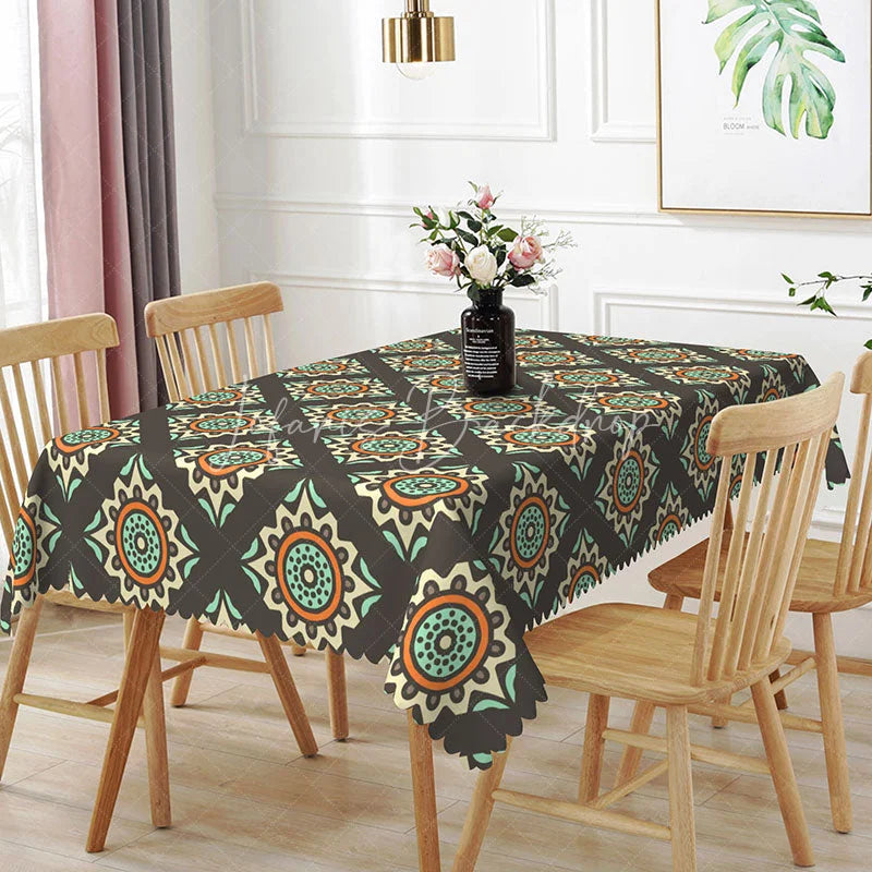 Lofaris Retro Sunburst Rectangle Tablecloth Brown Geometric Pattern Dining Table Cloth Decor