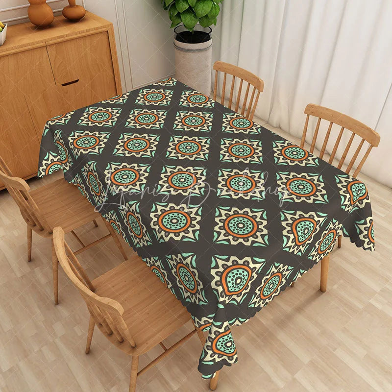 Lofaris Retro Sunburst Rectangle Tablecloth Brown Geometric Pattern Dining Table Cloth Decor
