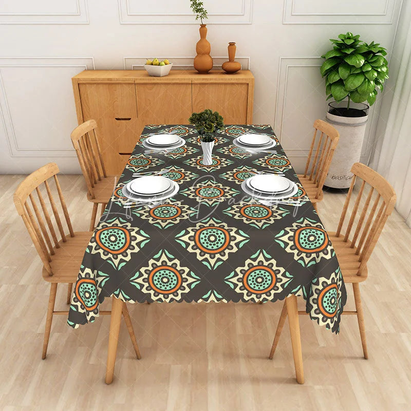 Lofaris Retro Sunburst Rectangle Tablecloth Brown Geometric Pattern Dining Table Cloth Decor
