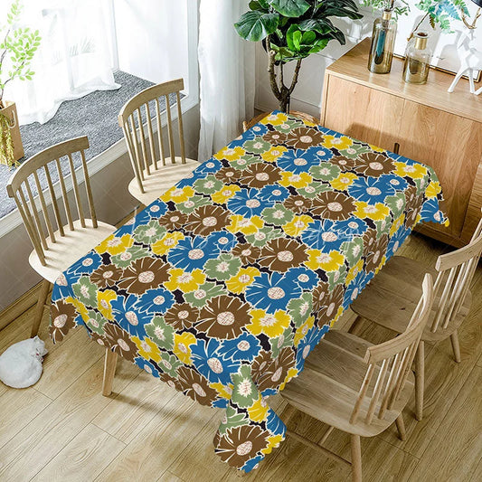 Lofaris Retro Vintage Floral Rectangle Tablecloth Blue Yellow Brown Flower Pattern Cover 70s Style Kitchen Decoration