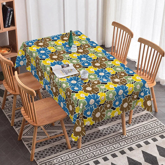 Lofaris Retro Vintage Floral Rectangle Tablecloth Blue Yellow Brown Flower Pattern Cover 70s Style Kitchen Decoration