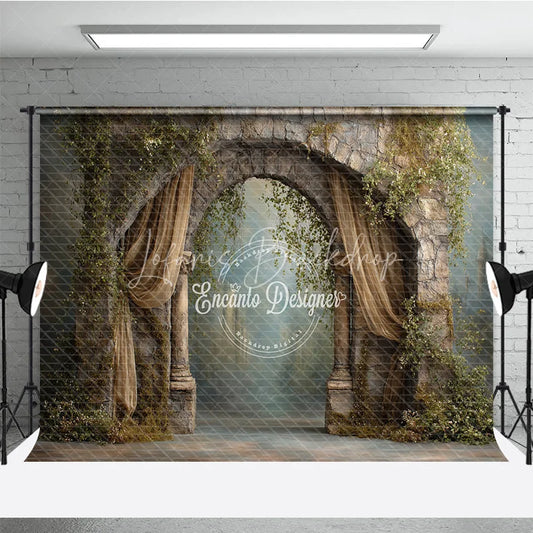 Lofaris Retro Wall Backdrop Stone Archway with Gold Drapes Vintage Castle Photography Background Prop Vines