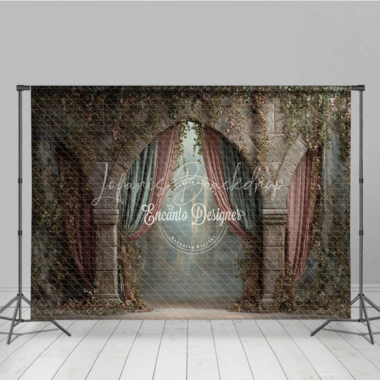 Lofaris Retro Wall Backdrop Stone Archway with Pink Drapes Vintage Castle Photography Background Prop Vines
