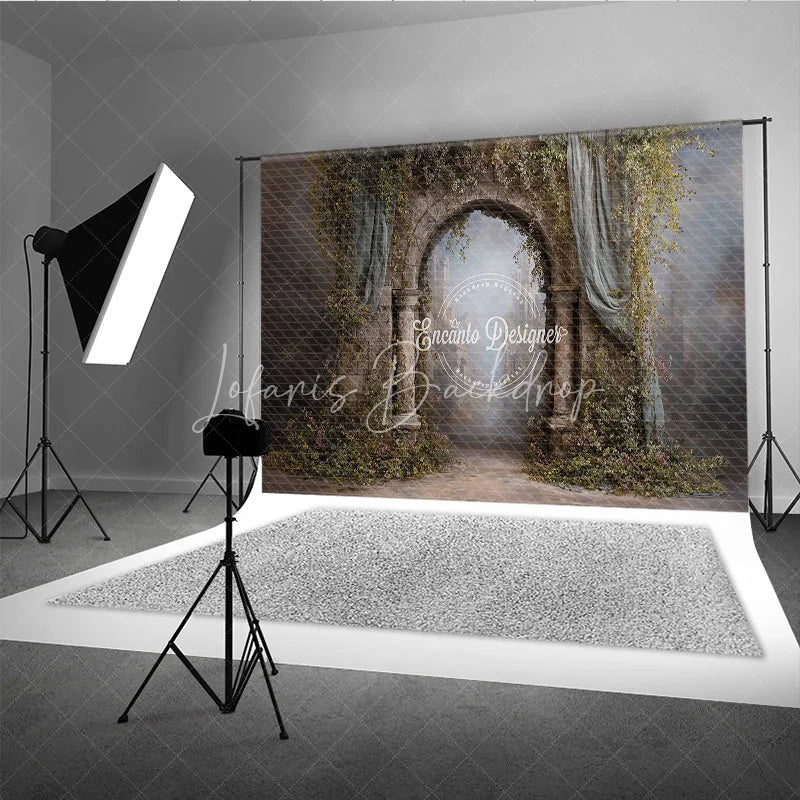 Lofaris Retro Wall Backdrop Stone Archway with Vines and Blue Drapes Vintage Castle Photography Background Prop