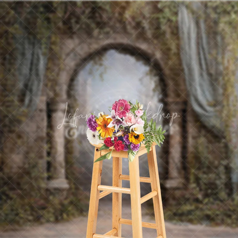 Lofaris Retro Wall Backdrop Stone Archway with Vines and Blue Drapes Vintage Castle Photography Background Prop