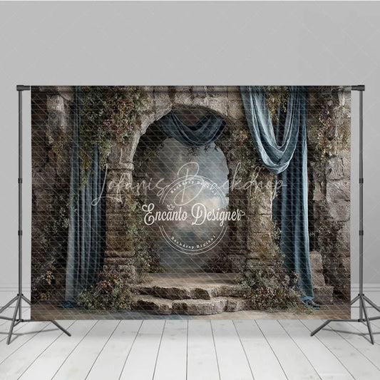 Lofaris Retro Wall Backdrop Stone Castle Arch with Blue Drapes Vintage Moody Photography Background Prop