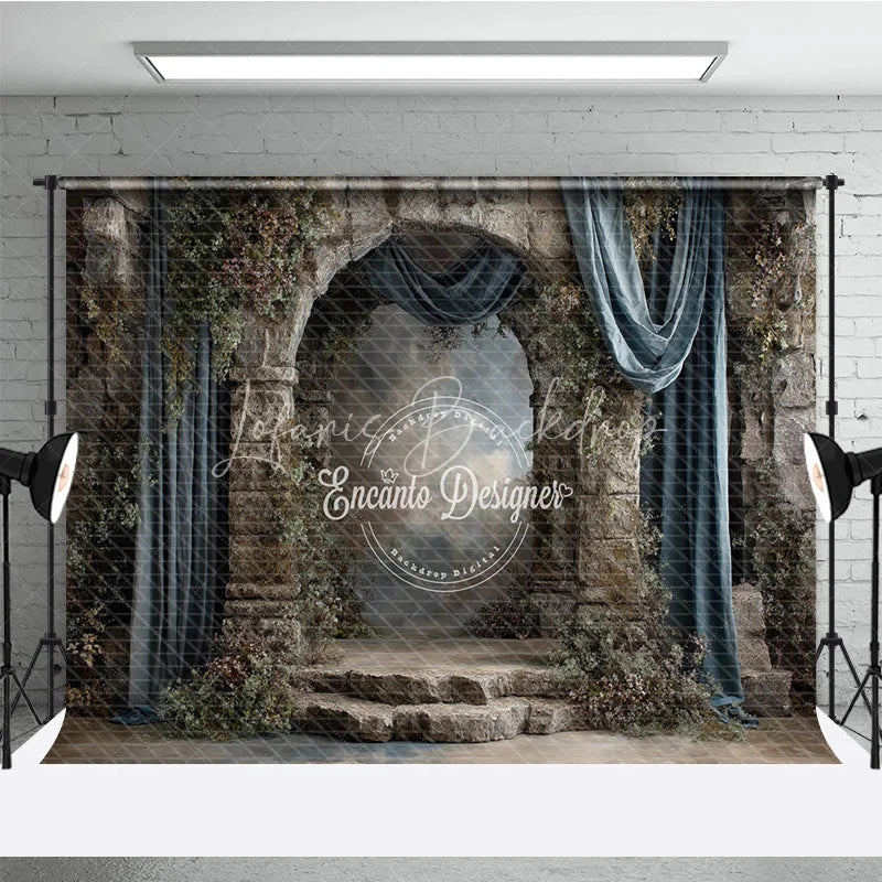 Lofaris Retro Wall Backdrop Stone Castle Arch with Blue Drapes Vintage Moody Photography Background Prop