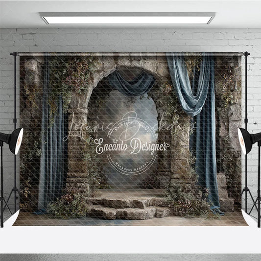 Lofaris Retro Wall Backdrop Stone Castle Arch with Blue Drapes Vintage Moody Photography Background Prop