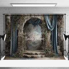 Lofaris Retro Wall Backdrop Stone Castle Arch with Blue Drapes Vintage Moody Photography Background Prop