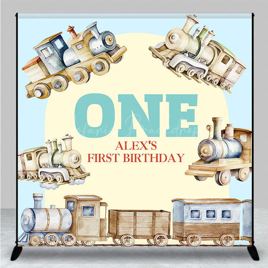 Lofaris Retro Wood Train Custom Name One Birthday Backdrop