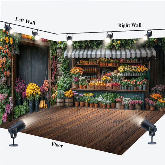 Lofaris Retro Wooden Brown Floral Shop Room Set Backdrop