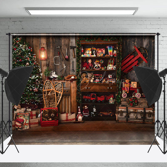 Lofaris Retro Wooden Santa Workshop Christmas Night Backdrop